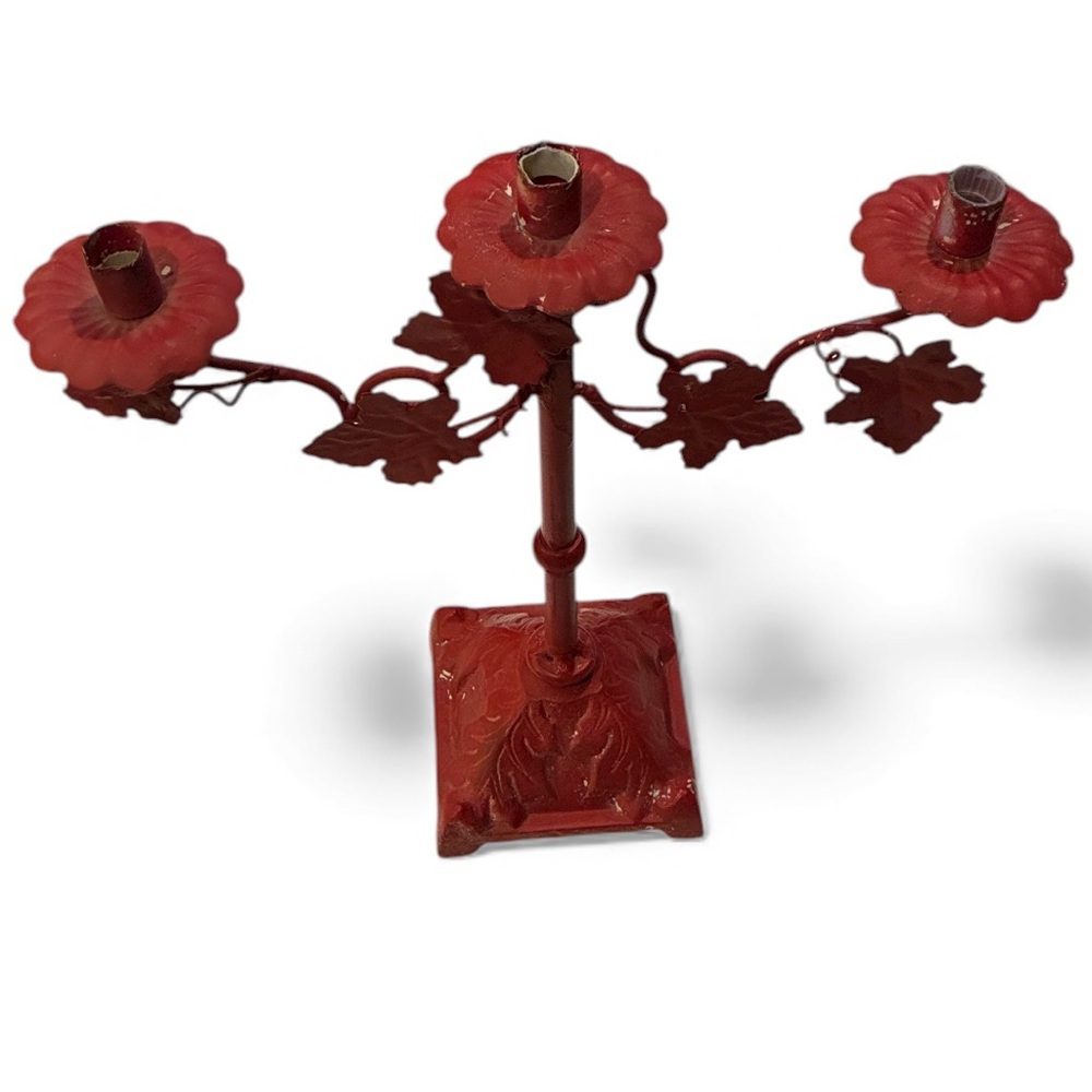 Holiday HEAVY Red Candelabra W/Grapevine  Wrapped Around Candlestick 3 Places